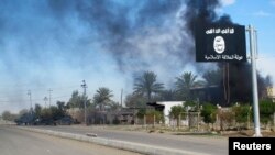 Smoke rises behind an Islamic State flag after Iraqi security forces and Shi'ite fighters took control of Saadiya in Diyala province from IS militants in late November.