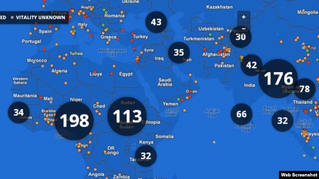 A map showing some of the endangered languages scattered around the world