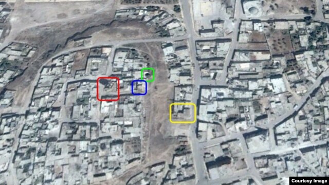 Места попаданий российских бомб в Телль-Бисе (Талбисе), вычисленные на основе видеосъемок и фотографий в интернете