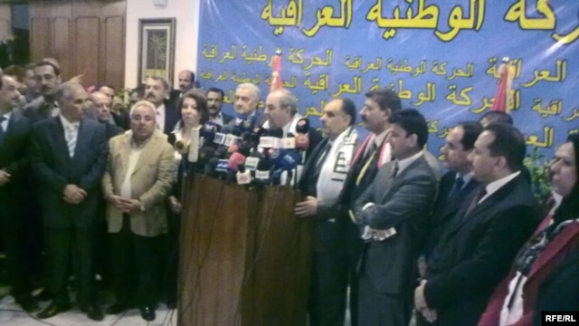 Salih al-Mutlaq, an influential secular Sunni politician (with hand on lectern), helping announce the creation of the Iraqi Patriotic Movement in October. 