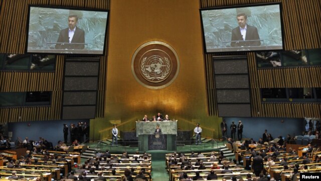 Iranian President Mahmud Ahmadinejad addresses diplomats during a high-level meeting of the General Assembly on the Rule of Law at the United Nations headquarters in New York on September 24, where he sparked an Israeli walkout.