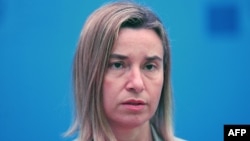 High Representative of the European Union for Foreign Affairs and Security Policy Federica Mogherini speaks on May 14 at the NATO foreign ministers meeting in the southern Turkish city in Antalya.