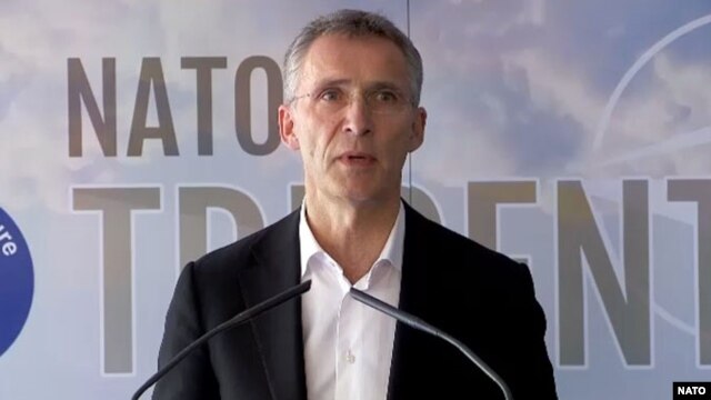 NATO Secretary-General Jens Stoltenberg attends a press conference at the end of NATO's Trident Juncture 2015 drill in Zaragoza, Spain, on November 4.