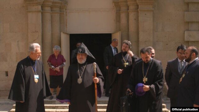 Catholicos Garegin II and other Armenian clerics outside an Armenian church in Baku