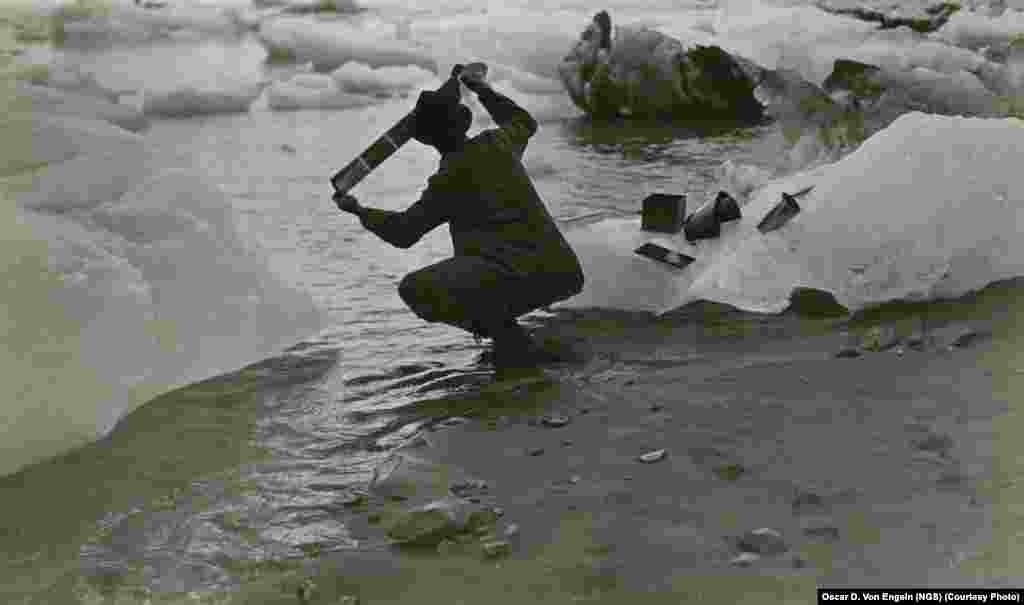 Washing his films in iceberg-choked seawater was an everyday chore for photographer Oscar D. Von Engeln during the summer months he spent on a society-sponsored expedition in Alaska in 1909.