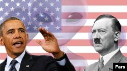 A graphic published by the Iranian semiofficial Fars agency to illustrate the so-called link between U.S. foreign policy, Hitler, and extraterrestrial beings.