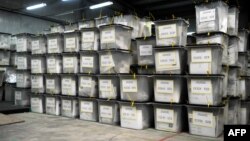A view of ballot boxes at a counting center near Pristina
