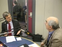 EU representative Semneby (left) in RFE/RL's studios in Prague on May 13 (RFE/RL)
