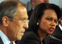 Lavrov (left) and Rice in Potsdam today (AFP)