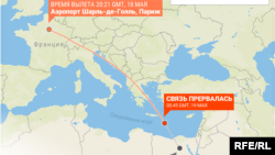 EgyptAir компаниясының Парижден Каирге ұшып шығып, жоғалып кеткен ұшағының маршруты. 19 мамыр 2016 жыл.
