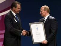 Russian President Putin (right) with IOC head Jacques Rogge in Guatemala City, July 4 (AFP)