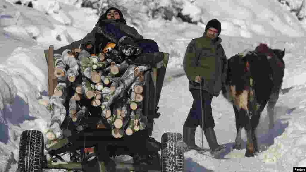 A villager transports wood in the village of Jezerc, west of Kosovo's capital Pristina, on January 31, as temperatures in Kosovo reached minus 18 degrees Celsius (minus 0.4 degrees Fahrenheit). Reuters/Hazir Reka