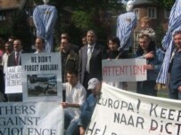 Demonstrations to urge accountability for the Andijon killings are limited to places outside the country, like this event in Brussels in May 2006 (RFE/RL)