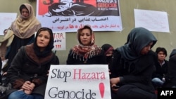 Afghan Shi'ite Muslim Hazara women participate in a hunger strike to protest a bombing in Pakistan targeting Shi'a that killed 89 people in February.