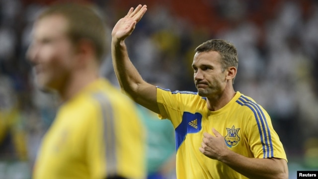 Andriy Shevchenko waves before the start of his team's Euro 2012 soccer match against England at Donbass Arena in Donetsk on June 19.