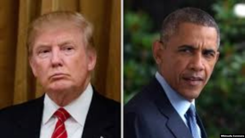 U.S. President Barack Obama (L) took a veiled shot at his successor Donald Trump's promises to eliminate the Islamic State group.