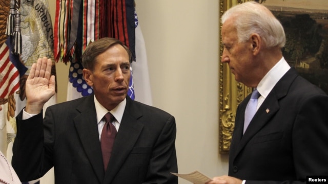 U.S. Vice President Joe Biden (right) swears in David Petraeus as the new CIA director at the White House last year. 