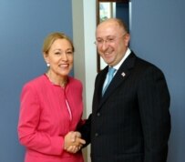 EU External Relations Commissioner Benita Ferrero-Waldner and Gela Bezhuashvili, Georgian Foreign Minister, on Sept. 14, two weeks before the crisis (Courtesy Photo)