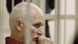 Belarusian opposition activist Ales Byalyatski at his trial in Minsk
