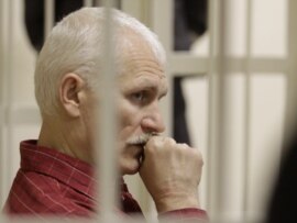 Belarusian opposition activist Ales Byalyatski at his trial in Minsk