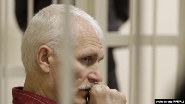 Belarusian opposition activist Ales Byalyatski at his trial in Minsk