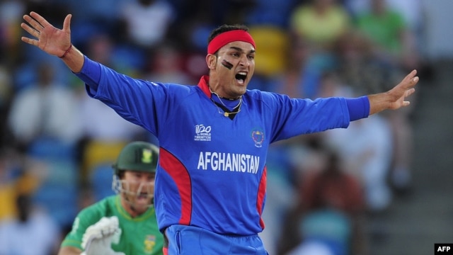 Afghan bowler Hamid Hassan plays an ICC World Twenty20 match with South Africa in May 2010.