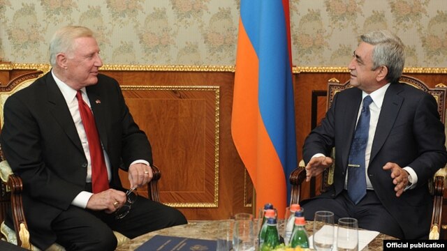 Armenia - President Serzh Sarkisian (R) meets with U.S. Congressman Dan Burton in Yerevan, 6Sept2012.