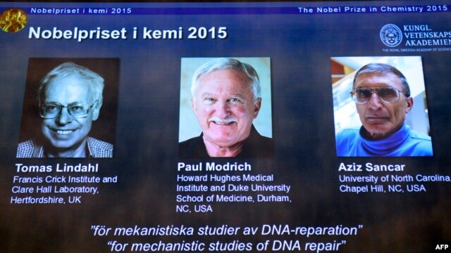 برندگان نوبل ۲۰۱۵ شیمی از راست به چپ: عزیز سنجر، پل مدریچ و توماس لیندال
