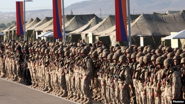 Armenia - Soldiers lined up for a CSTO military exercise near Yerevan, 15Sep2012.