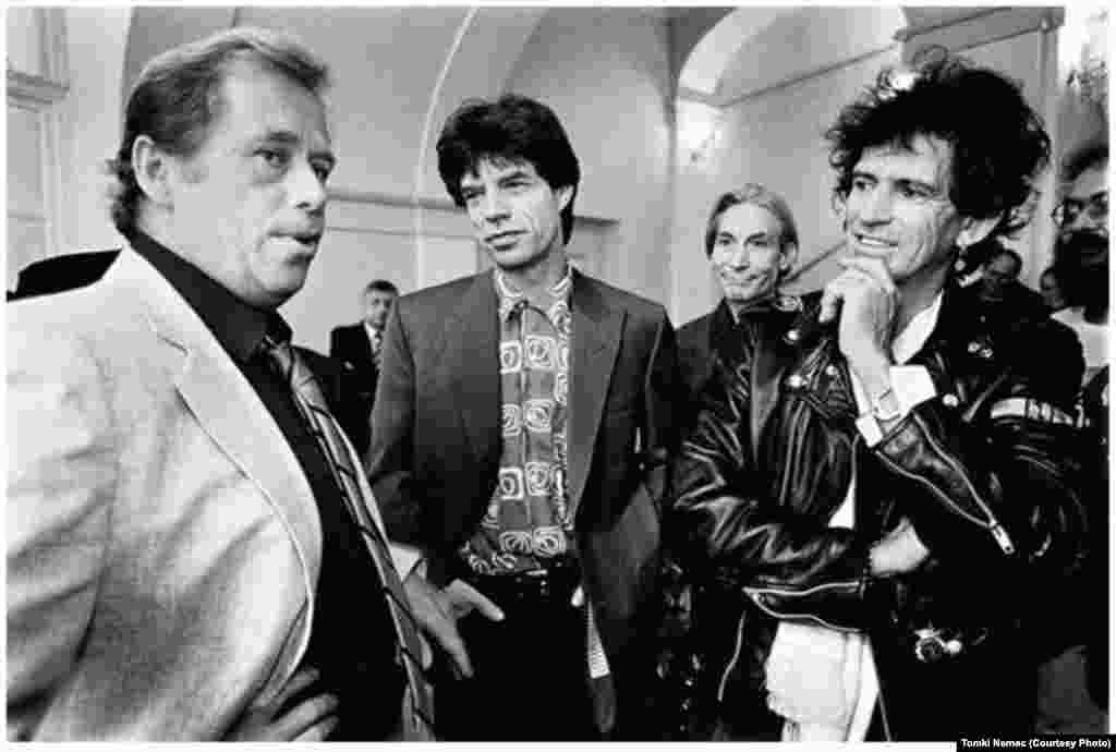 Havel, a rock fan, meets members of the Rolling Stones on August 18, 1990, the day of the music legends' first concert in postcommunist Czechoslovakia.