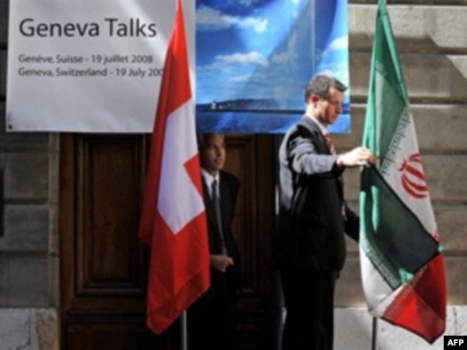 پرچم ایران و سوئیس در مذاکرات هسته‌ای سال ۲۰۰۸ سوئیس.