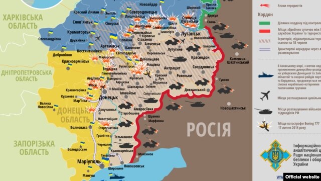 Карта боевых действий на востоке Украины по состоянию на 16 января 2015 г.