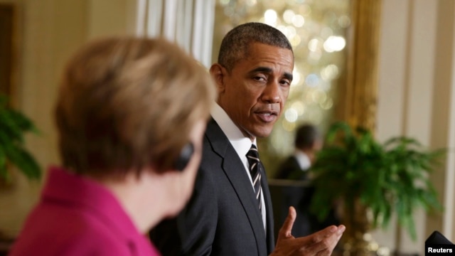 باراک اوباما، رییس جمهوری آمریکا همراه با آنگلا مرکل، صدراعظم آلمان