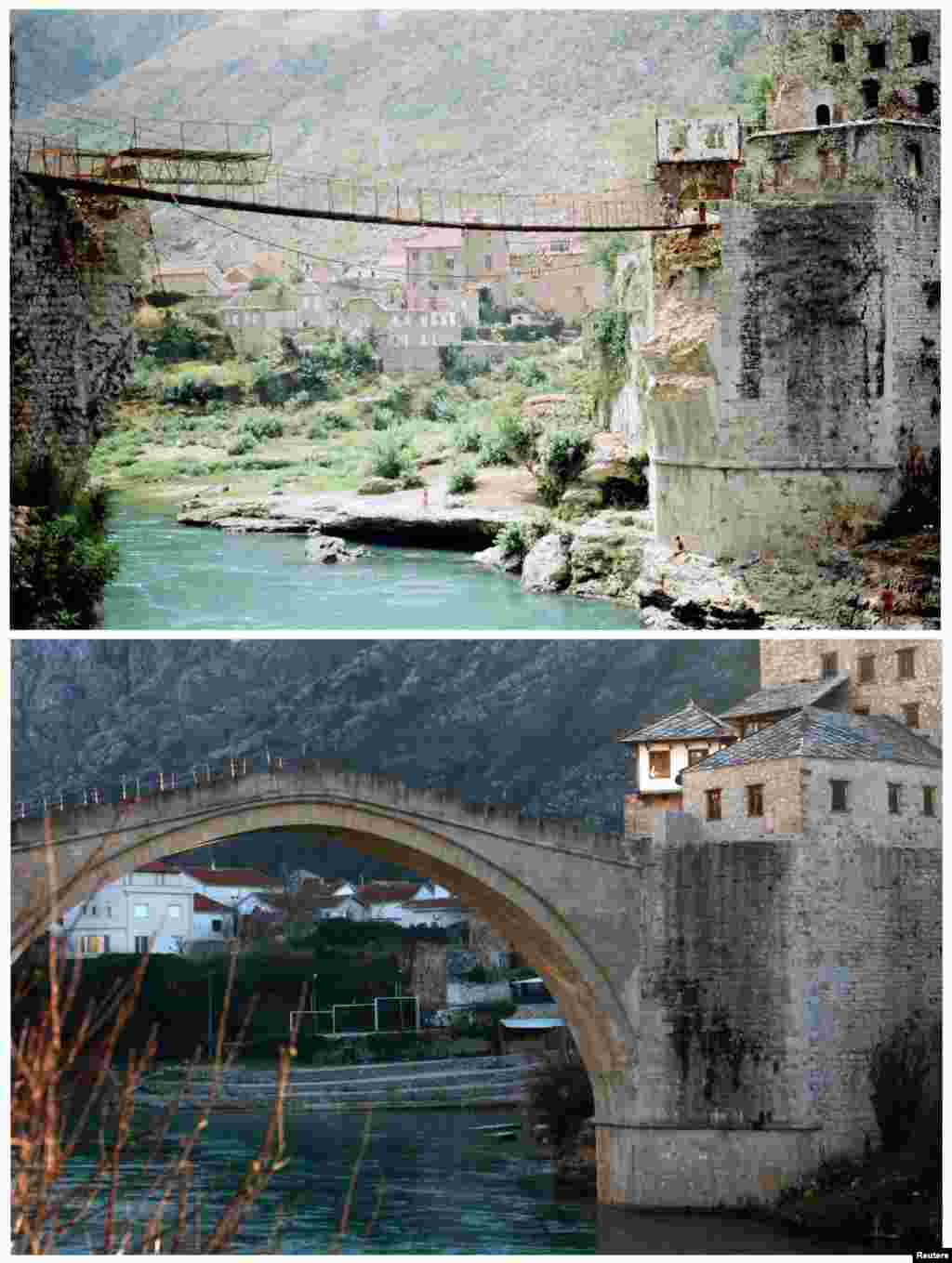 Men cross a river using a makeshift bridge in Mostar after the destruction of Mostar's centuries-old bridge in November 1993, which was later rebuilt. The same location is seen in the bottom picture on February 23, 2013.
