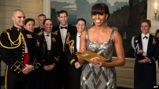 U.S. First Lady Michelle Obama announcing the Best Picture Oscar to "Argo" live from the White House on February 24. (official photo)
