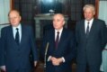 Belarusian Supreme Soviet speaker Stanislau Shushkevich (left), Soviet President Mikhail Gorbachev (center), and Russian President Boris Yeltsin at a news conference at a press conference in Moscow on November 14, 1991 (TASS)