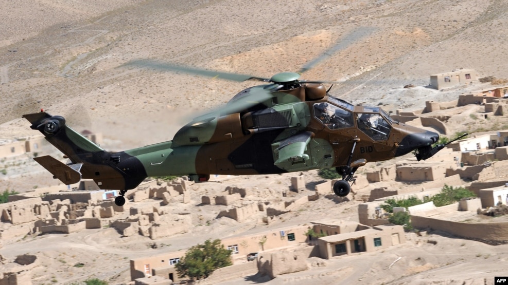 Residents of the Turkmen village of Marchak say that the sound of gunfire to the south in Afghanistan is becoming routine and that military helicopters have been regularly flying overhead as they apparently patrol the border (file photo)