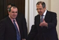 Russian Foreign Minister Sergei Lavrov (right) with Albanian Foreign Minister Besnik Mustafaj on April 12 (epa)