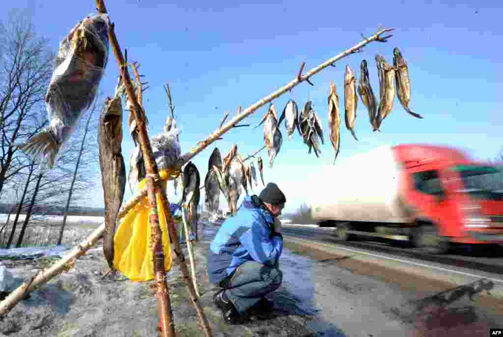 A man sells dried fish on a highway near the Belarusian village of Lapichi, some 95 kilometers south of the capital, Minsk. (AFP/Viktor Drachev)