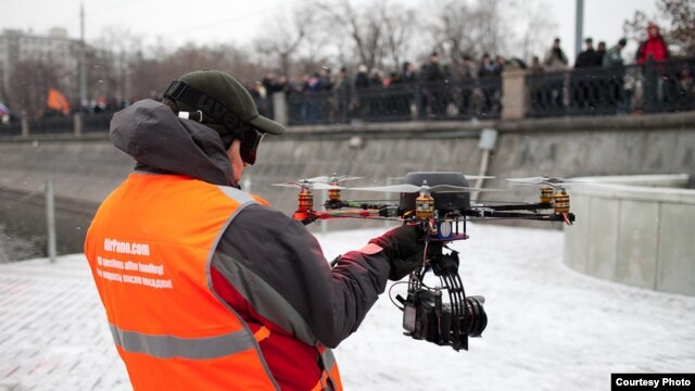 An AirPano drone being deployed during protests on Moscow's Bolotnaya Square in December 2011.
