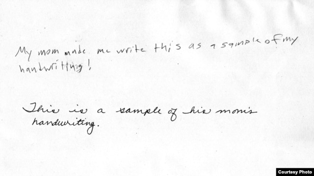 Writing samples by Tyler Meder, a 13-year-old American student, and his mother, Meredith Meder (CLICK TO ENLARGE)