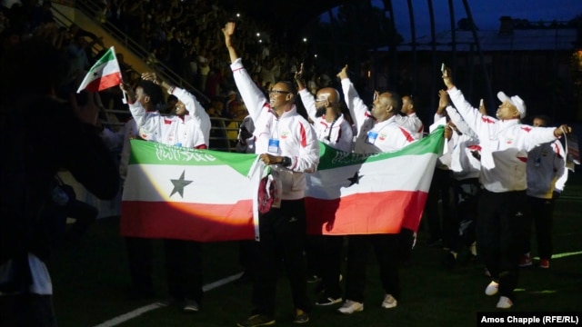 The Somaliland soccer team receive a roaring welcome from the crowd at the Conifa World Football Cup opening ceremony in Abkhazia.