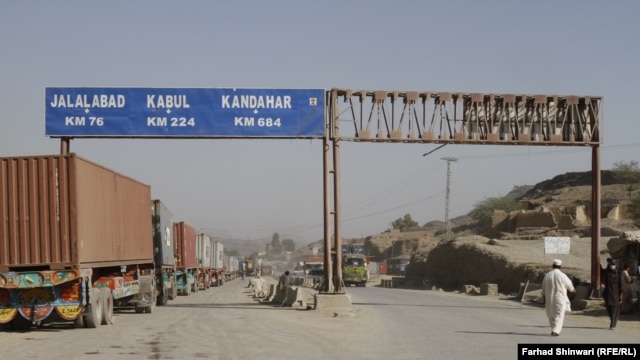 Trucks from Pakistan approach the Khyber Pass checkpoint on July 4 in anticipation of crossing the border into Afghanistan.