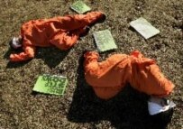 Two protesters pose as tortured detainees outside the U.S. Capitol in Washington, D.C., in January (epa)
