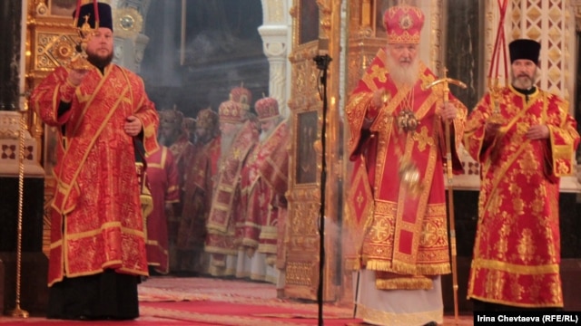 Priests carry out the liturgy in Moscow's Christ the Savior Cathedral