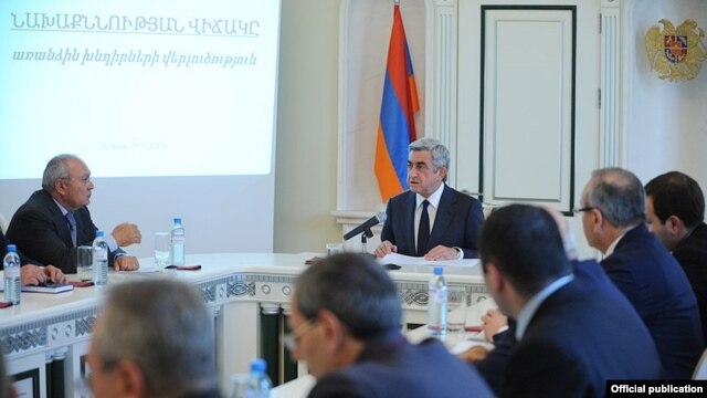 Armenia - President Serzh Sarkisian (C) harshly criticizes Prosecutor-General Aghvan Hovsepian (L) and other senior prosecutors, Yerevan, 29Oct2012.