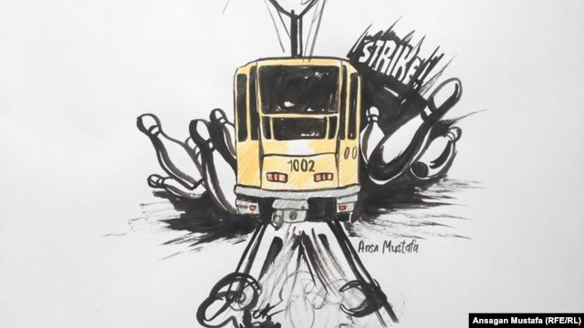Рисунок "Берегись трамвая" художника Ансы Мустафы.