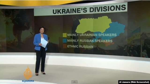 Al-Jazeera shows a map of Ukraine divided between a largely Ukrainian-speaking west and a predominantly Russian-speaking east.