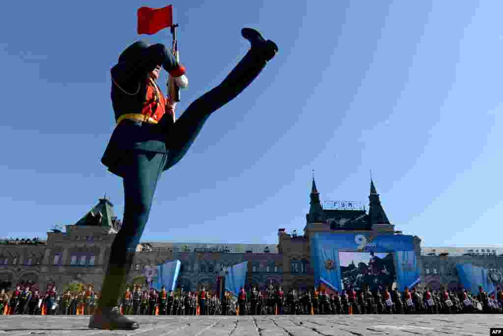 An honor guard from the Presidential Regiment marches during Victory Day celebrations on Moscow's Red Square.