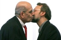 Ali Larijani (right) greets Muhammad el-Baradei during a previous meeting over Iran's nuclear program (file photo) (Fars)